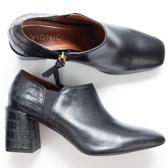 Vionic Linda Heeled Shortie Bootie Leather Shoes Croc Embossed Black Size 10 - Picture 3 of 16
